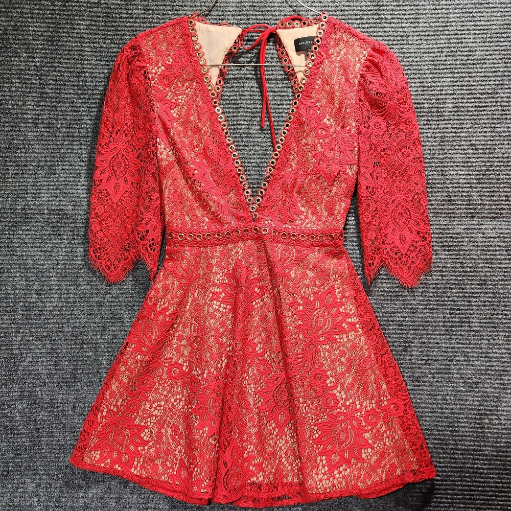Majorelle Red/Tan Front/Back Detail Lace Pattern Mini Women's Dress Sz.XXS